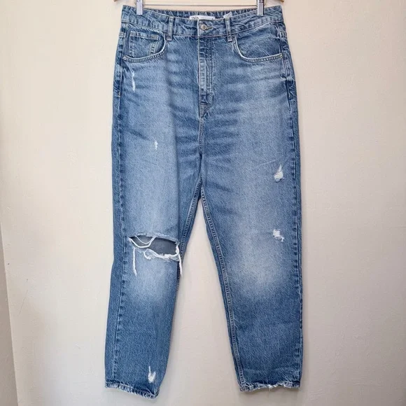 ZARA | Mid-Plus Size High Rise Factory Distressed Straight Relaxed Jeans - Picture 2 of 13